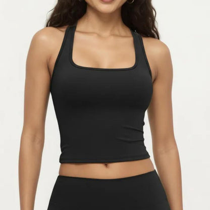 Square Neck Racerback Crop Tank Fitted Stretch Athletic Workout Top for Yoga Training