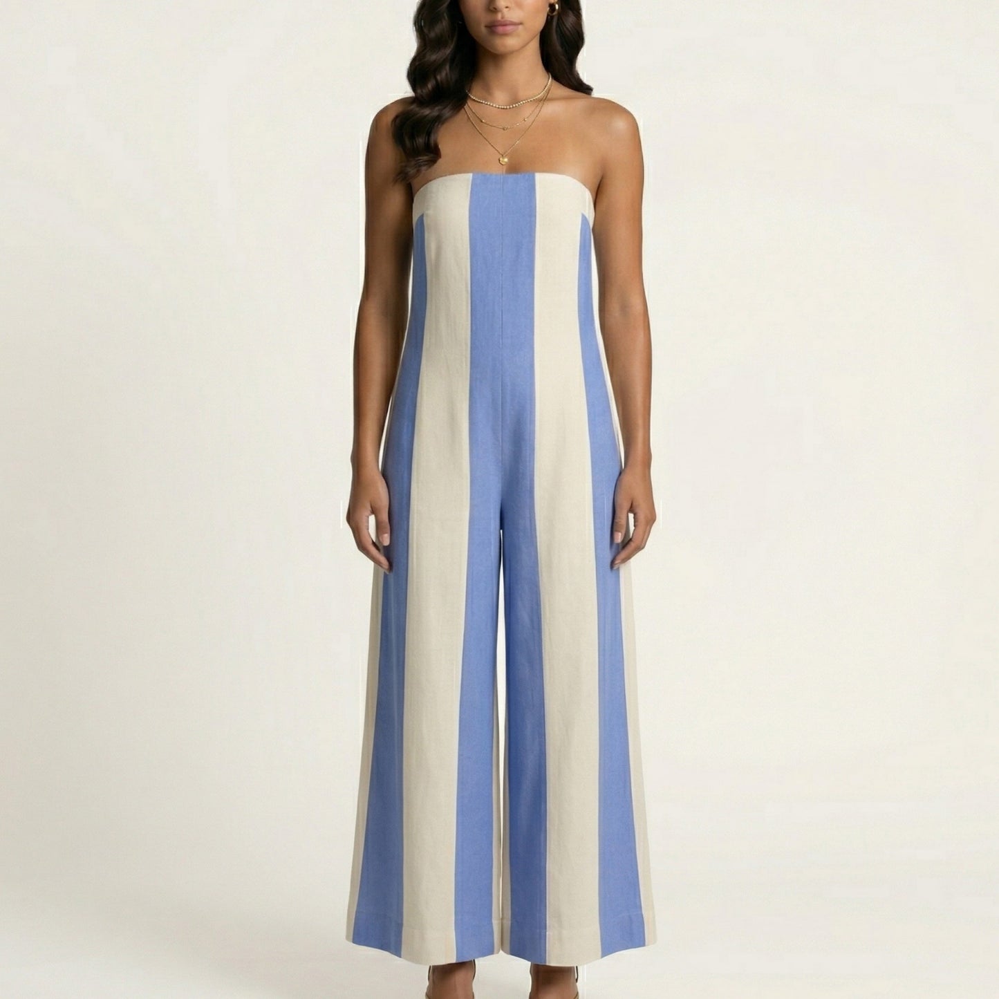 Strapless Striped Wide Leg Jumpsuit with Smocked Bodice Relaxed Fit Flowy One Piece