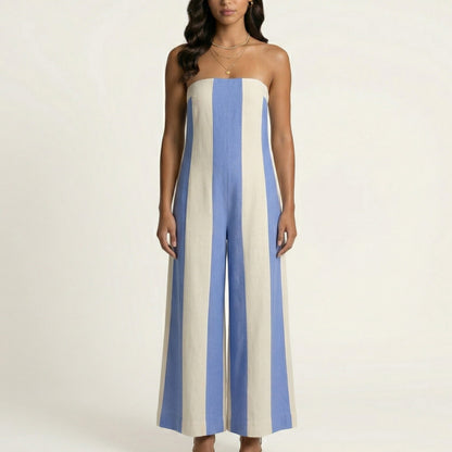 Strapless Striped Wide Leg Jumpsuit with Smocked Bodice Relaxed Fit Flowy One Piece