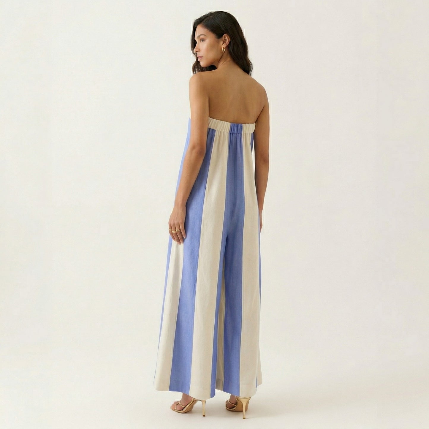 Strapless Striped Wide Leg Jumpsuit with Smocked Bodice Relaxed Fit Flowy One Piece
