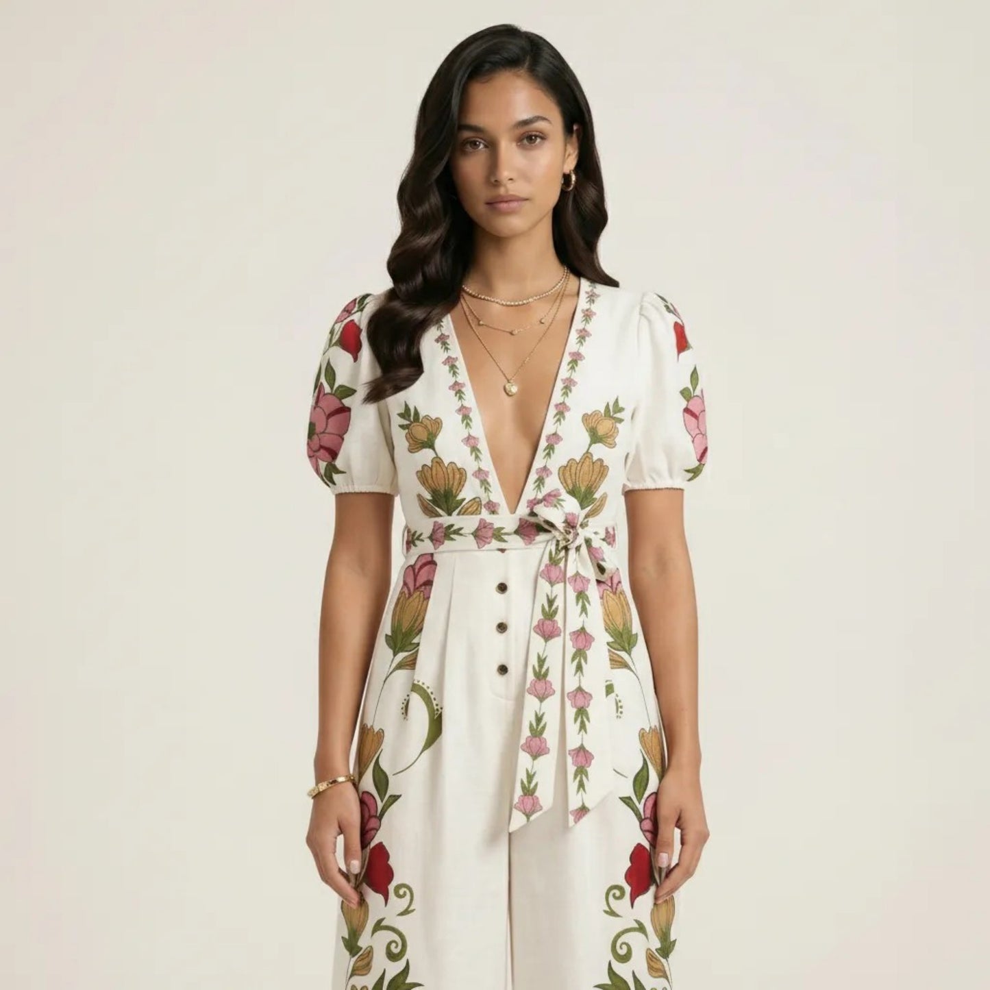 Short Sleeve Floral Wide Leg Jumpsuit with Deep V Neck Button Front Waist Tie Relaxed Fit