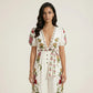 Short Sleeve Floral Wide Leg Jumpsuit with Deep V Neck Button Front Waist Tie Relaxed Fit