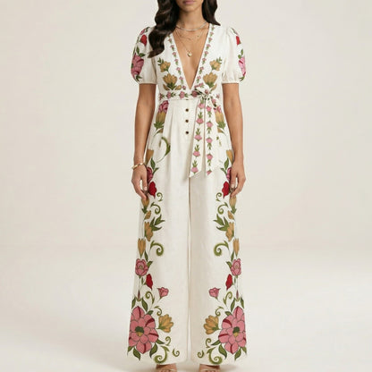 Short Sleeve Floral Wide Leg Jumpsuit with Deep V Neck Button Front Waist Tie Relaxed Fit
