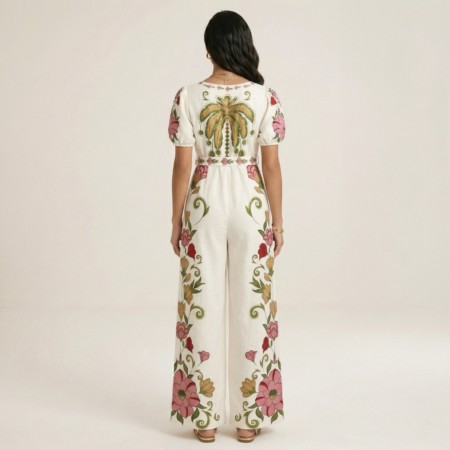 Short Sleeve Floral Wide Leg Jumpsuit with Deep V Neck Button Front Waist Tie Relaxed Fit