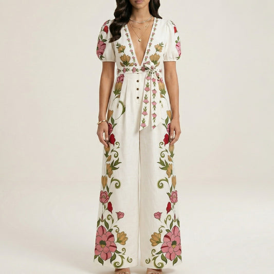 Short Sleeve Floral Wide Leg Jumpsuit with Deep V Neck Button Front Waist Tie Relaxed Fit
