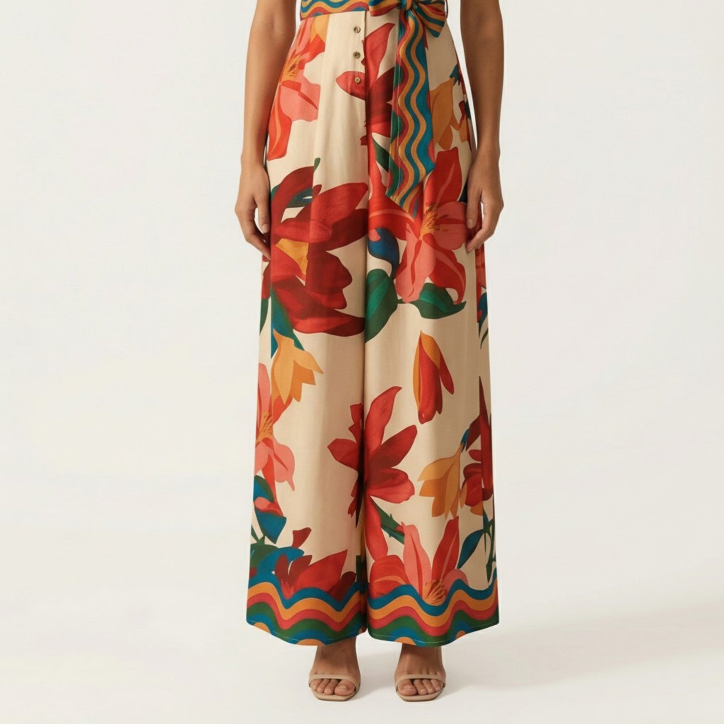 Short Sleeve Floral Wide Leg Jumpsuit with Deep V Neck Button Front Waist Tie Relaxed Fit