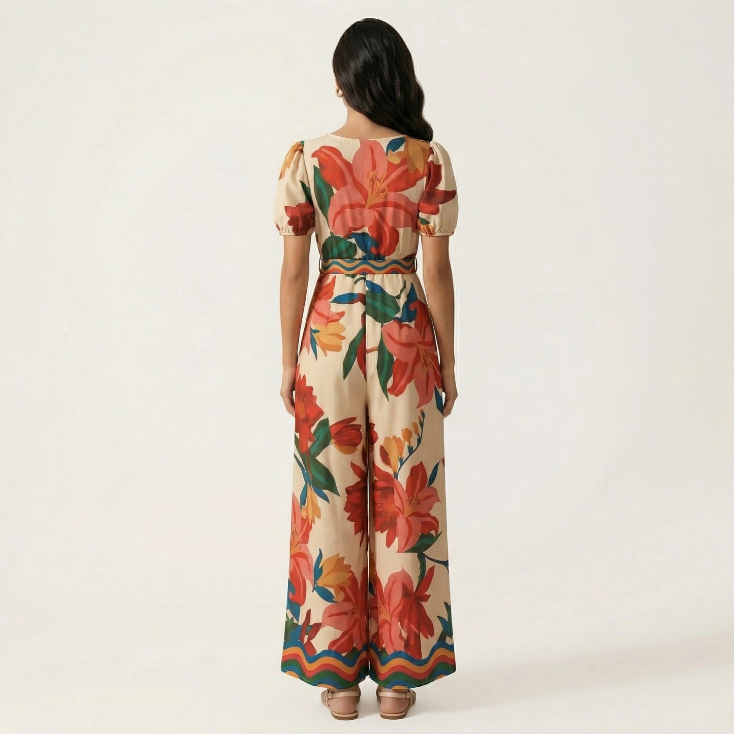 Short Sleeve Floral Wide Leg Jumpsuit with Deep V Neck Button Front Waist Tie Relaxed Fit