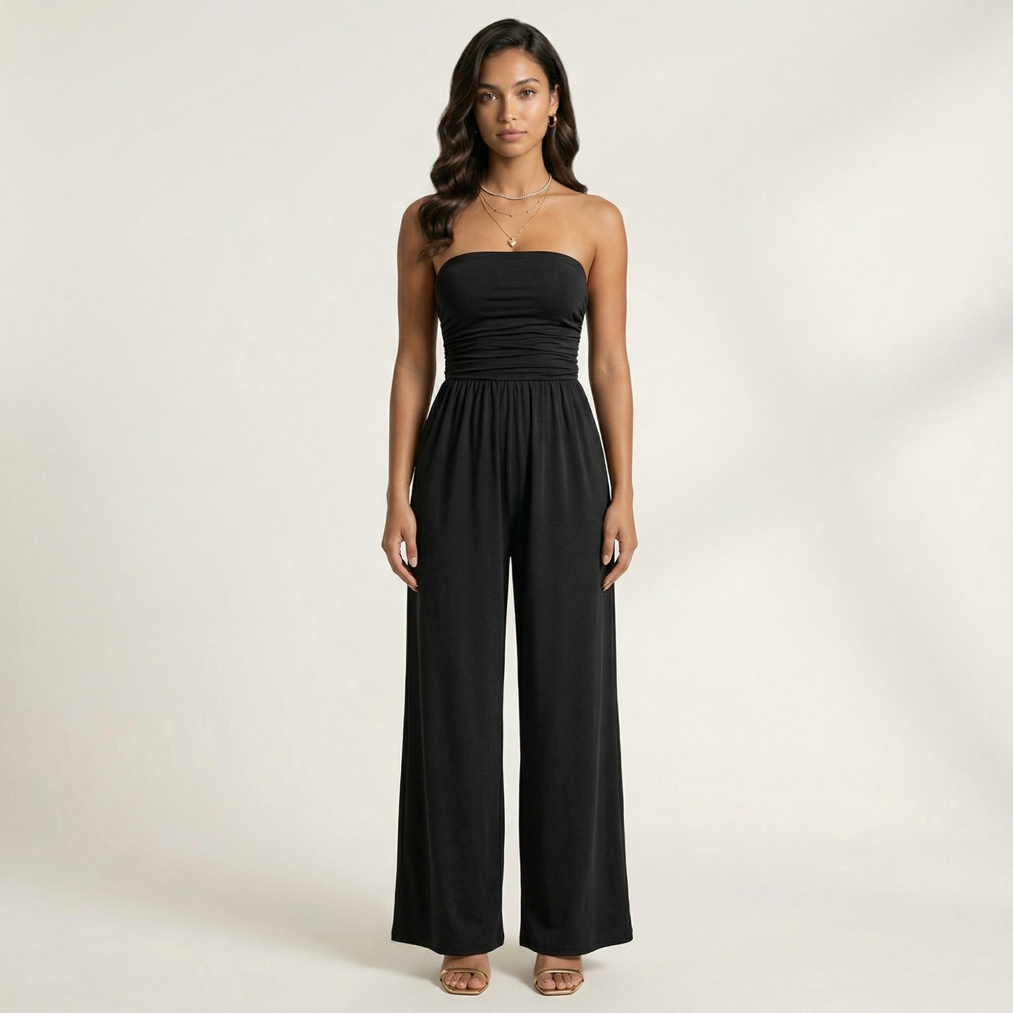 Strapless Wide Leg Jumpsuit with Smocked Bodice Elastic Waist Flowy Relaxed Fit