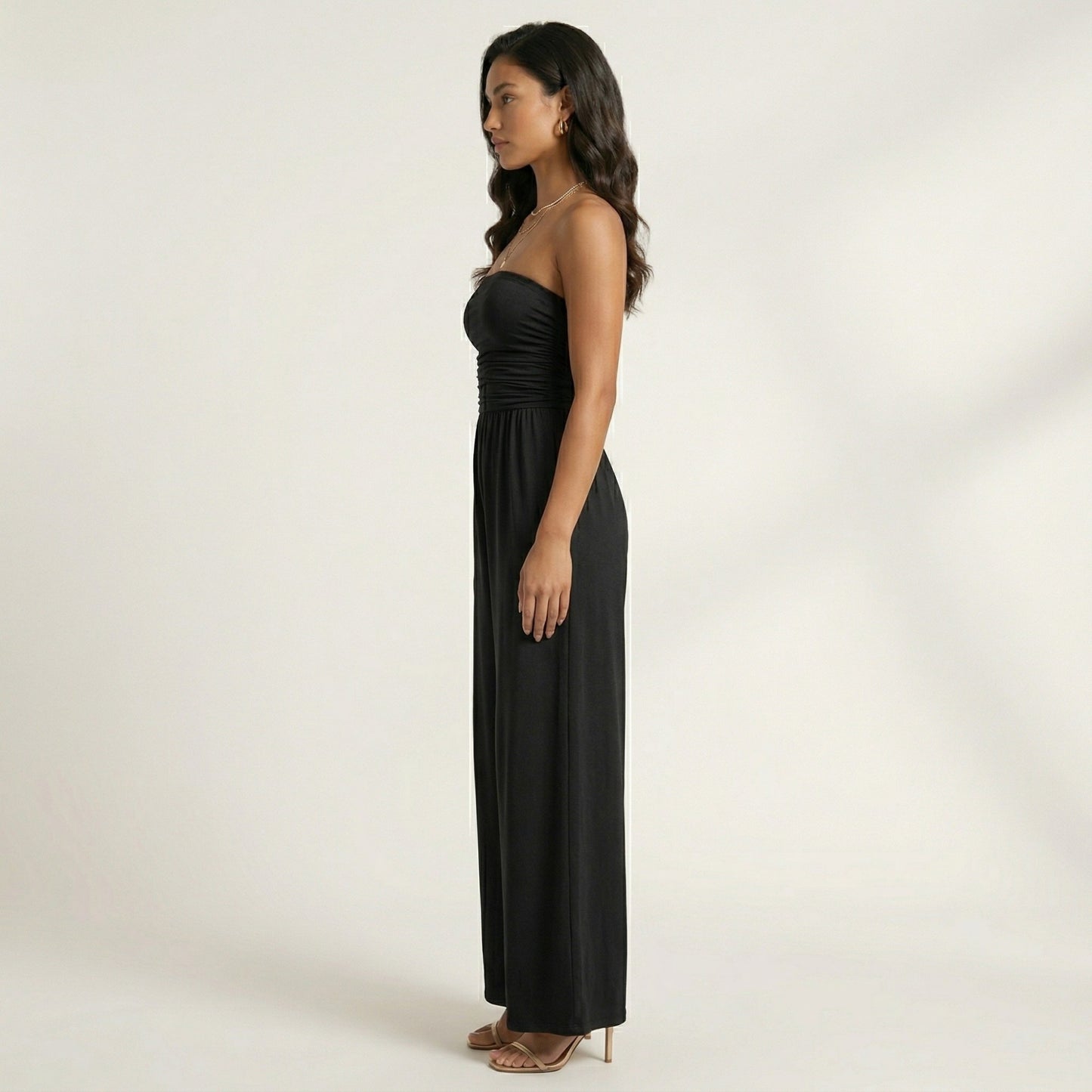 Strapless Wide Leg Jumpsuit with Smocked Bodice Elastic Waist Flowy Relaxed Fit