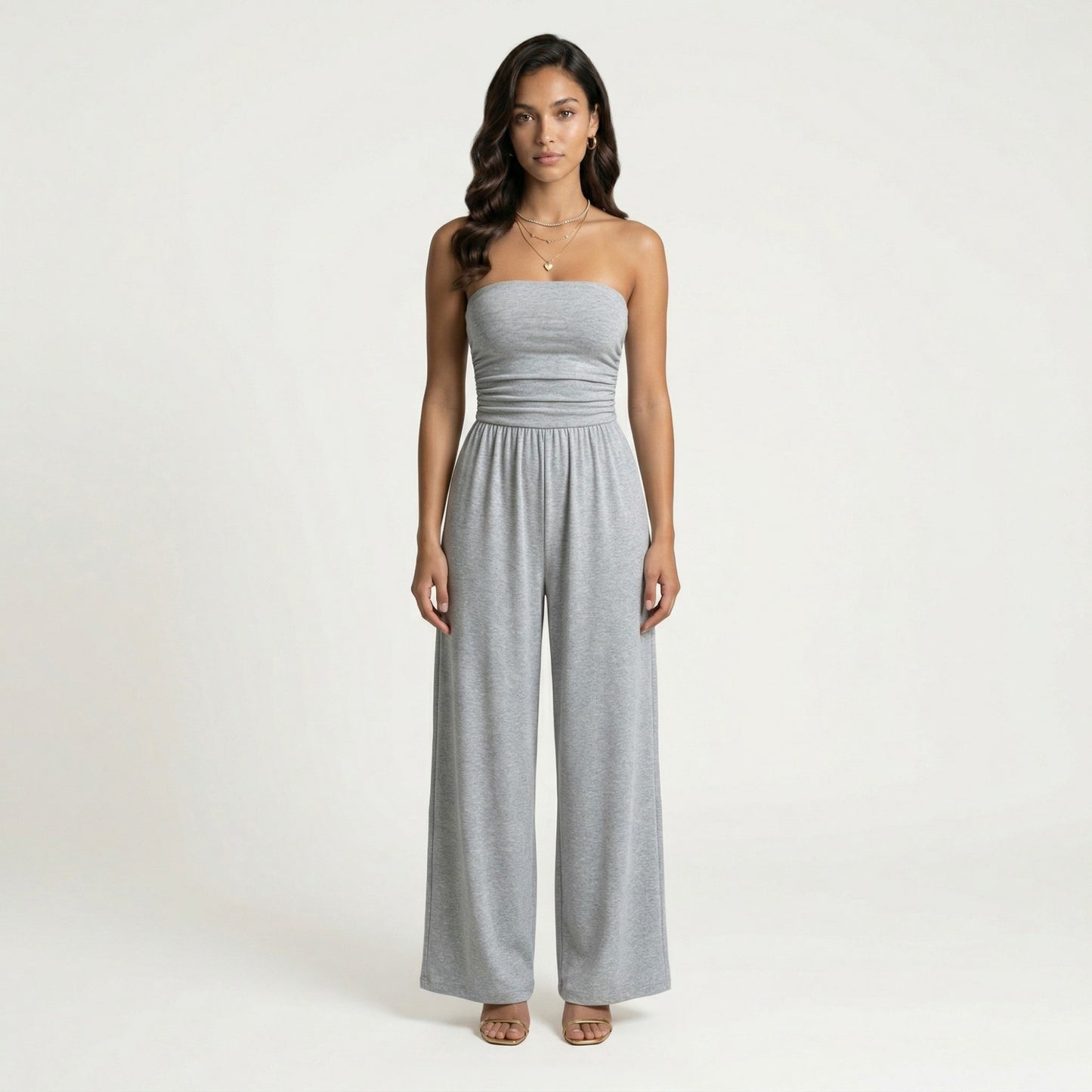Strapless Wide Leg Jumpsuit with Smocked Bodice Elastic Waist Flowy Relaxed Fit