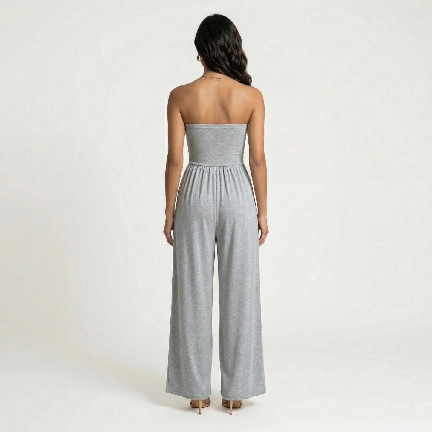 Strapless Wide Leg Jumpsuit with Smocked Bodice Elastic Waist Flowy Relaxed Fit