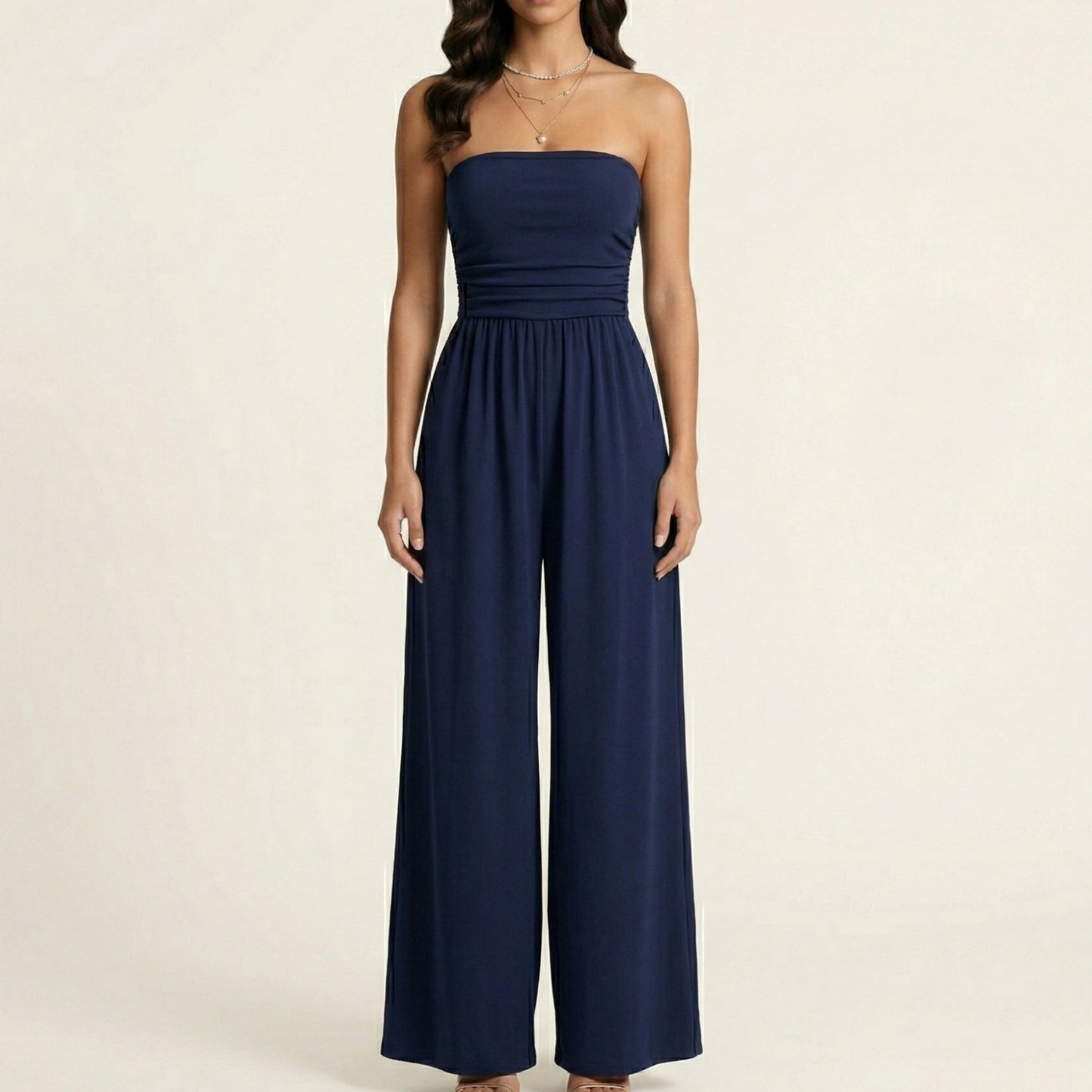Strapless Wide Leg Jumpsuit with Smocked Bodice Elastic Waist Flowy Relaxed Fit