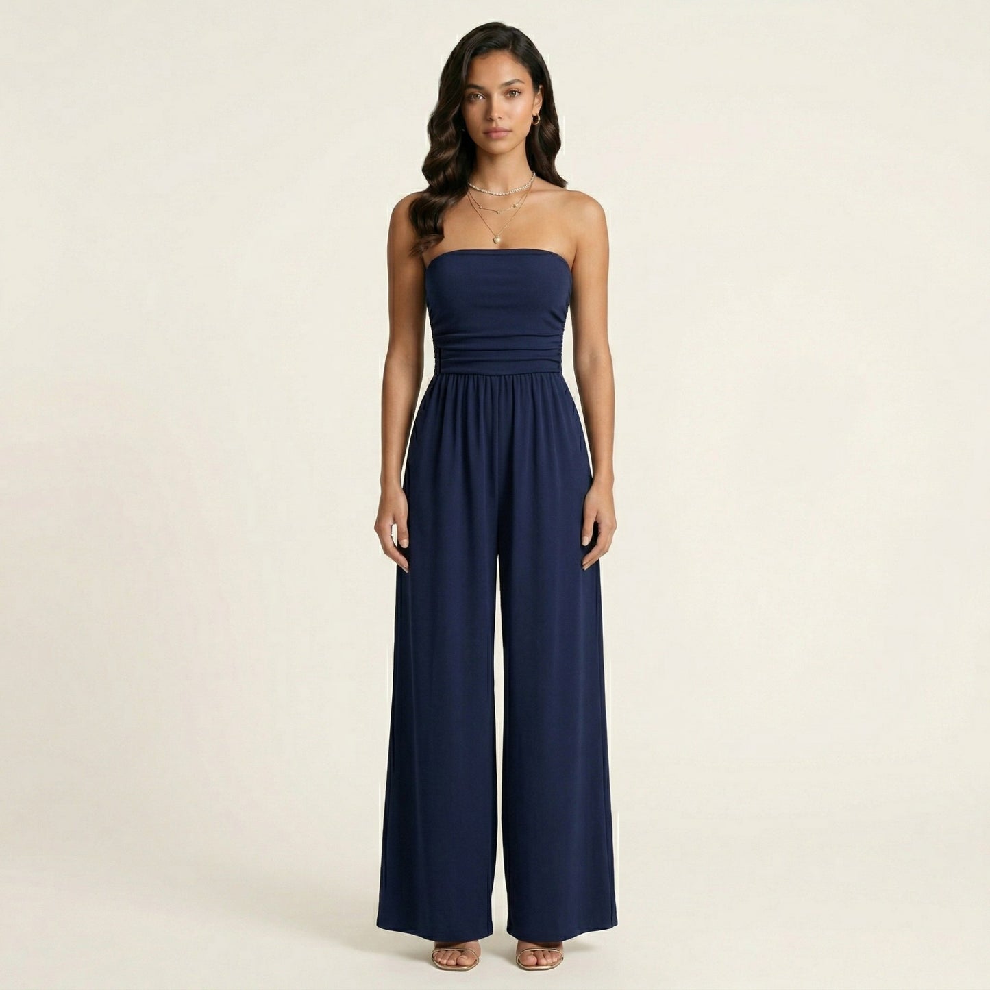 Strapless Wide Leg Jumpsuit with Smocked Bodice Elastic Waist Flowy Relaxed Fit
