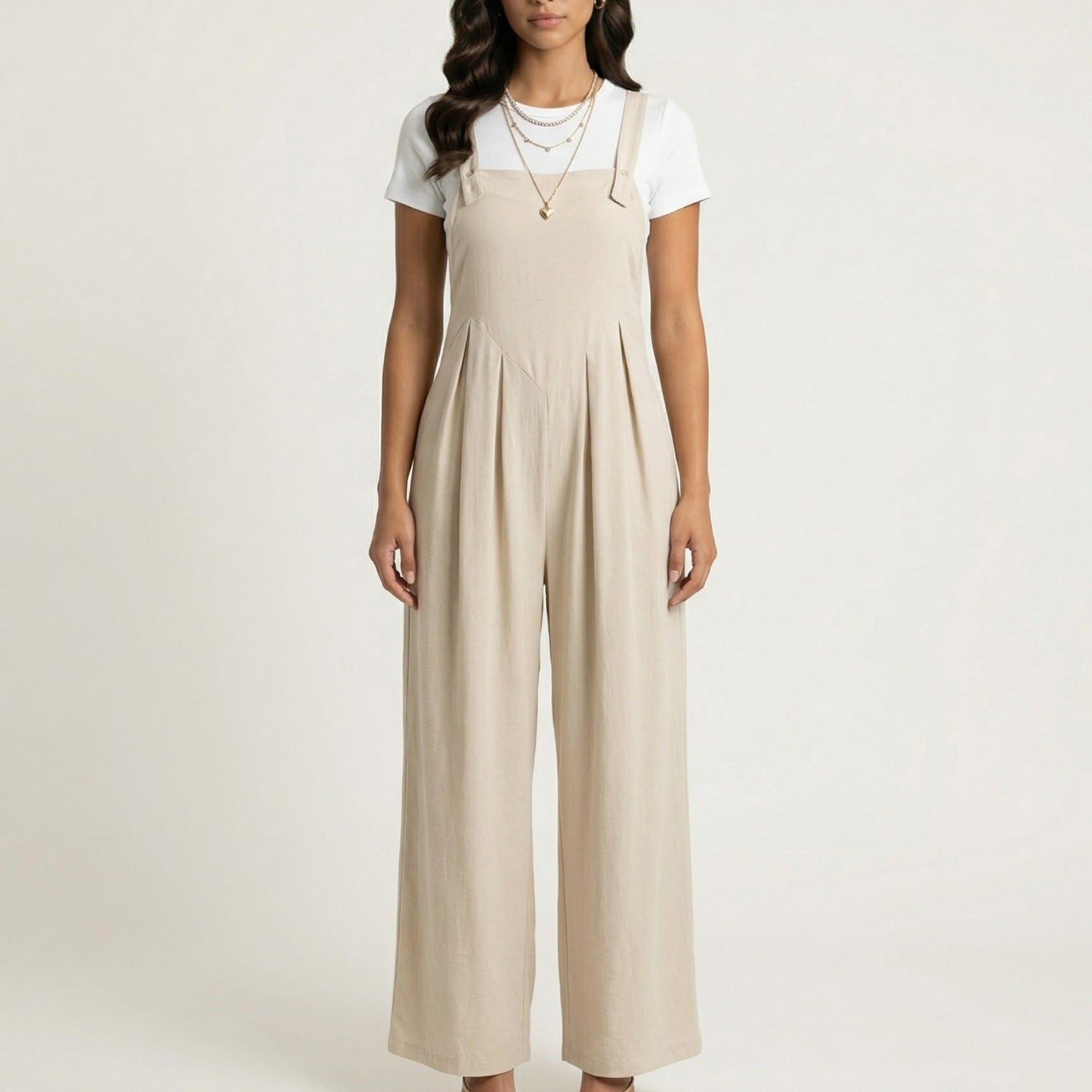 Sleeveless Wide Leg Overalls Jumpsuit with Adjustable Shoulder Straps Pleated Front Relaxed Fit