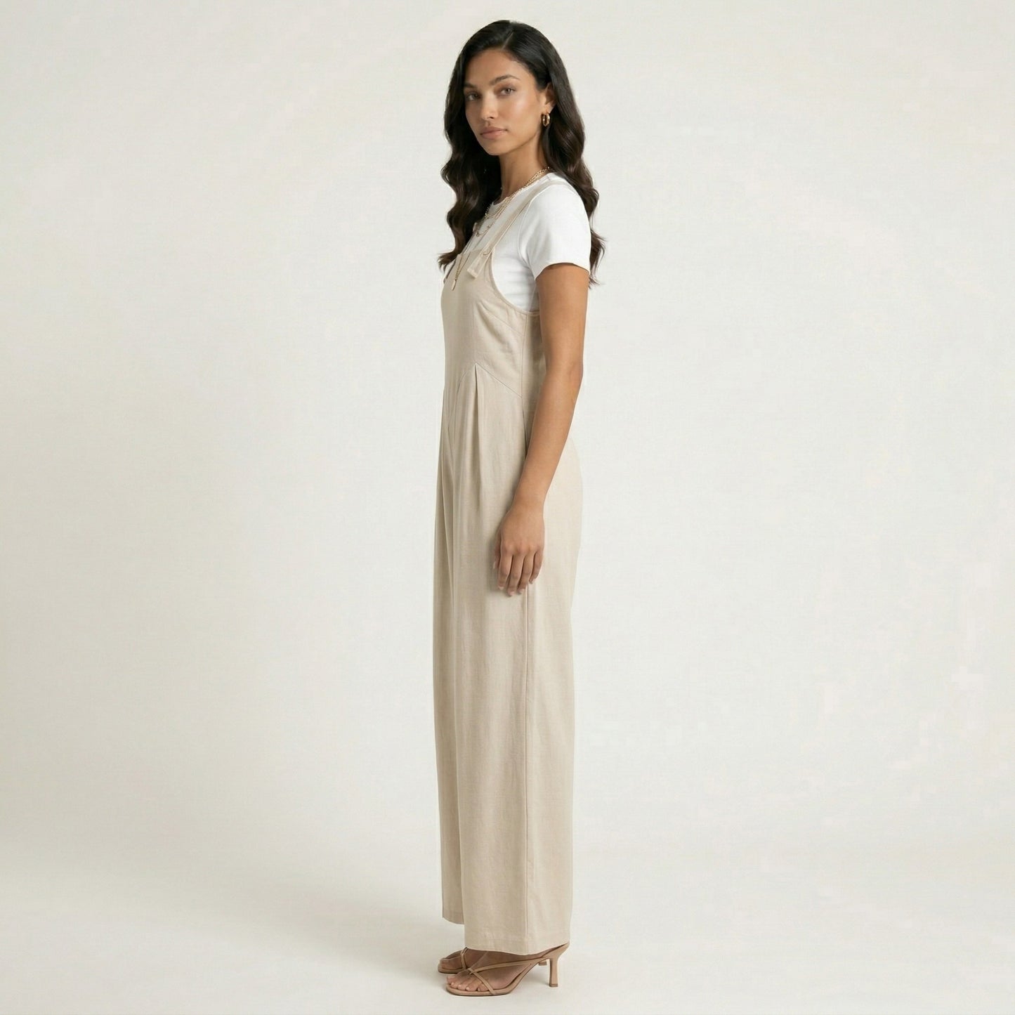 Sleeveless Wide Leg Overalls Jumpsuit with Adjustable Shoulder Straps Pleated Front Relaxed Fit