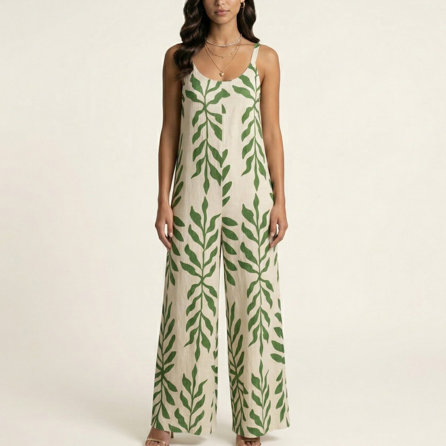Sleeveless Printed Wide Leg Jumpsuit with Spaghetti Straps Relaxed Fit Flowy One Piece