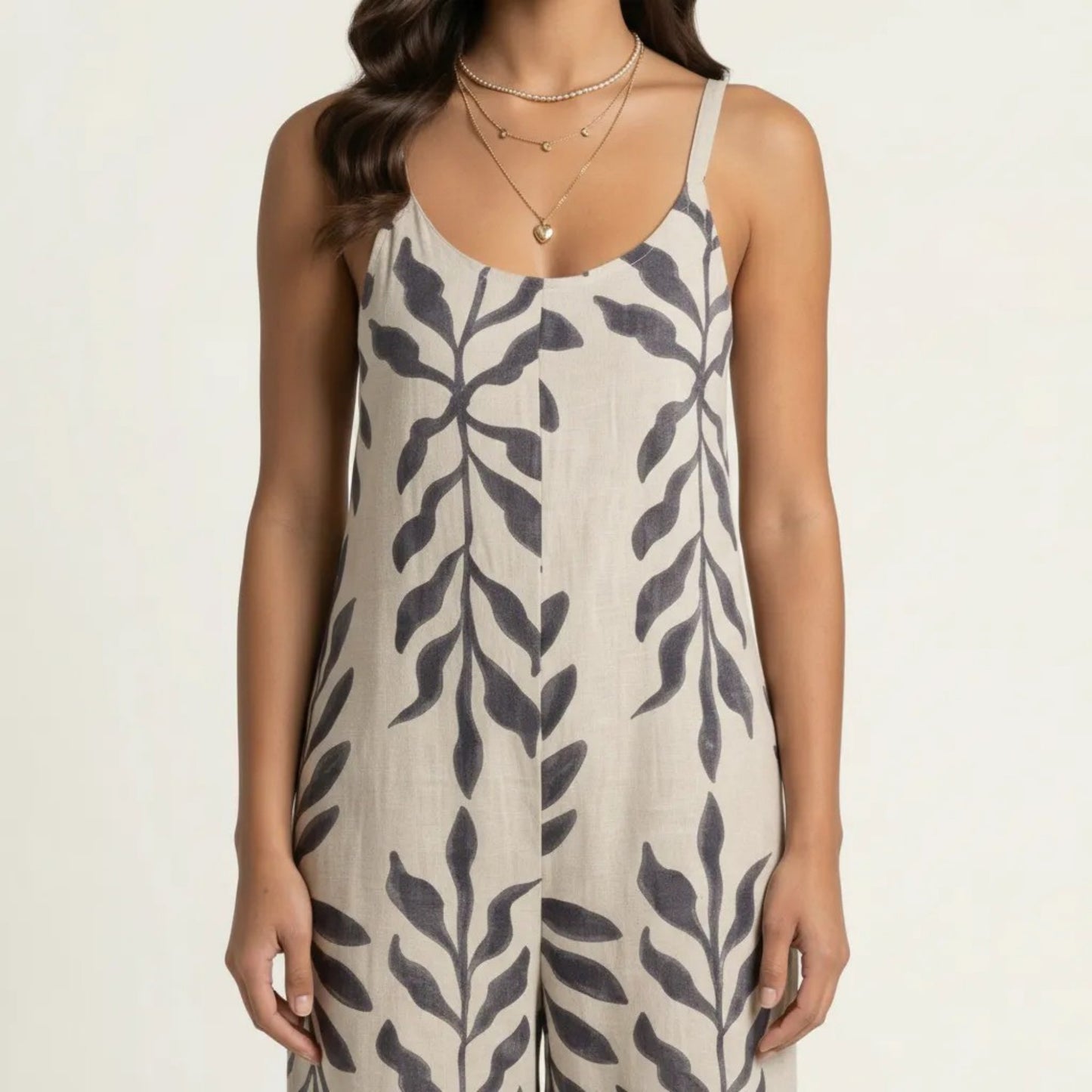 Sleeveless Printed Wide Leg Jumpsuit with Spaghetti Straps Relaxed Fit Flowy One Piece