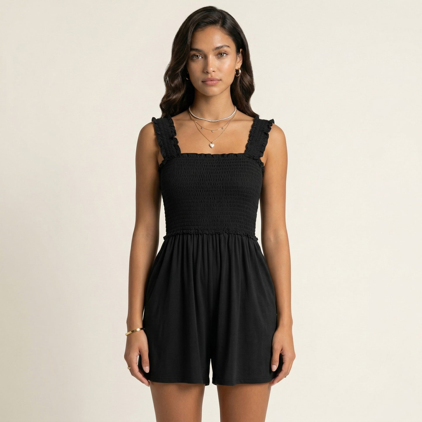 Sleeveless Smocked Romper with Ruffle Straps Square Neckline Elastic Waist Relaxed Fit