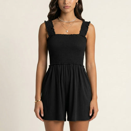 Sleeveless Smocked Romper with Ruffle Straps Square Neckline Elastic Waist Relaxed Fit