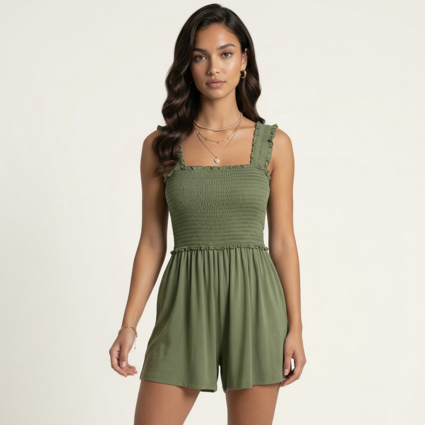 Sleeveless Smocked Romper with Ruffle Straps Square Neckline Elastic Waist Relaxed Fit