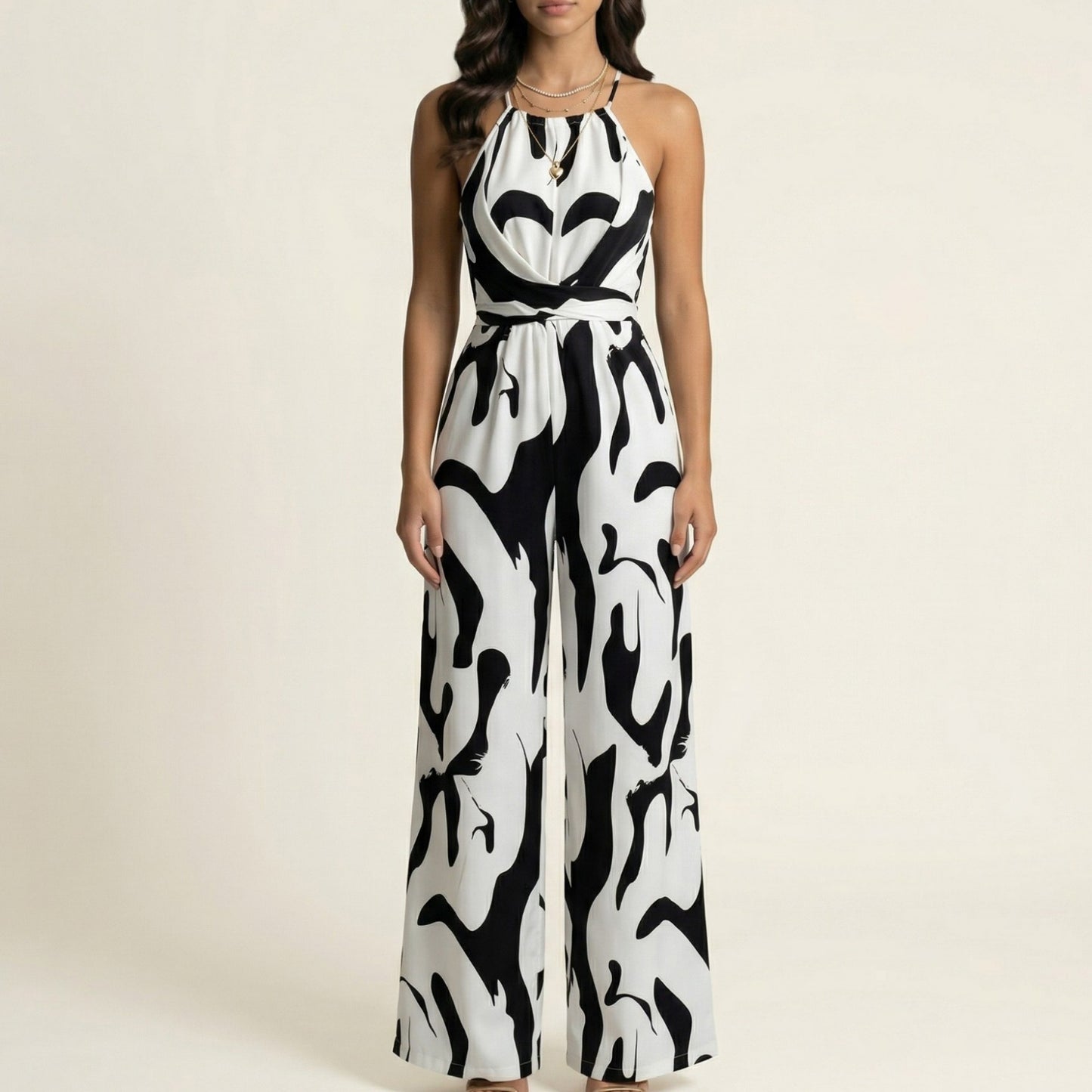 Sleeveless Printed Wide Leg Jumpsuit with Halter Neck Waist Tie Detail Relaxed Fit