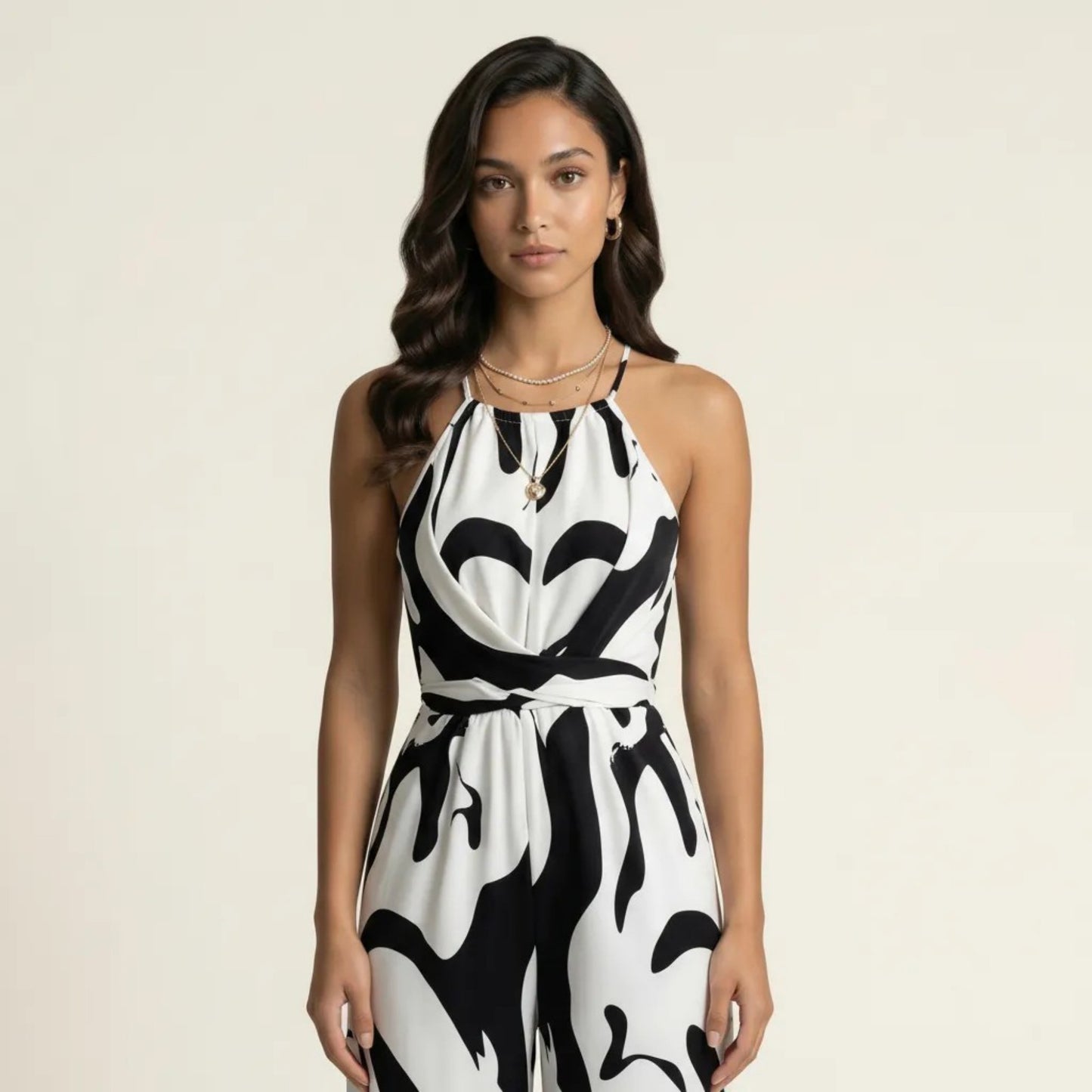 Sleeveless Printed Wide Leg Jumpsuit with Halter Neck Waist Tie Detail Relaxed Fit