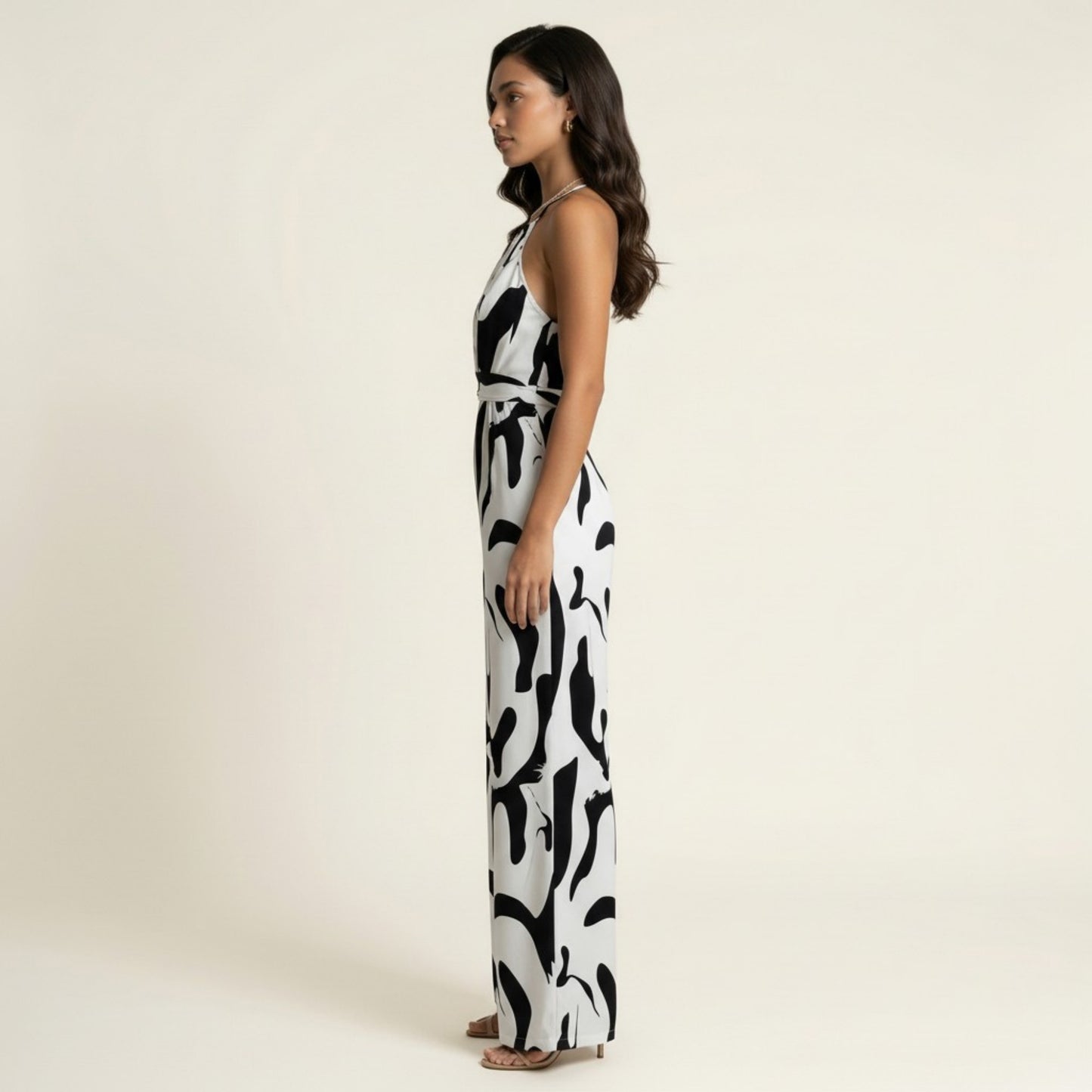 Sleeveless Printed Wide Leg Jumpsuit with Halter Neck Waist Tie Detail Relaxed Fit