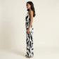 Sleeveless Printed Wide Leg Jumpsuit with Halter Neck Waist Tie Detail Relaxed Fit