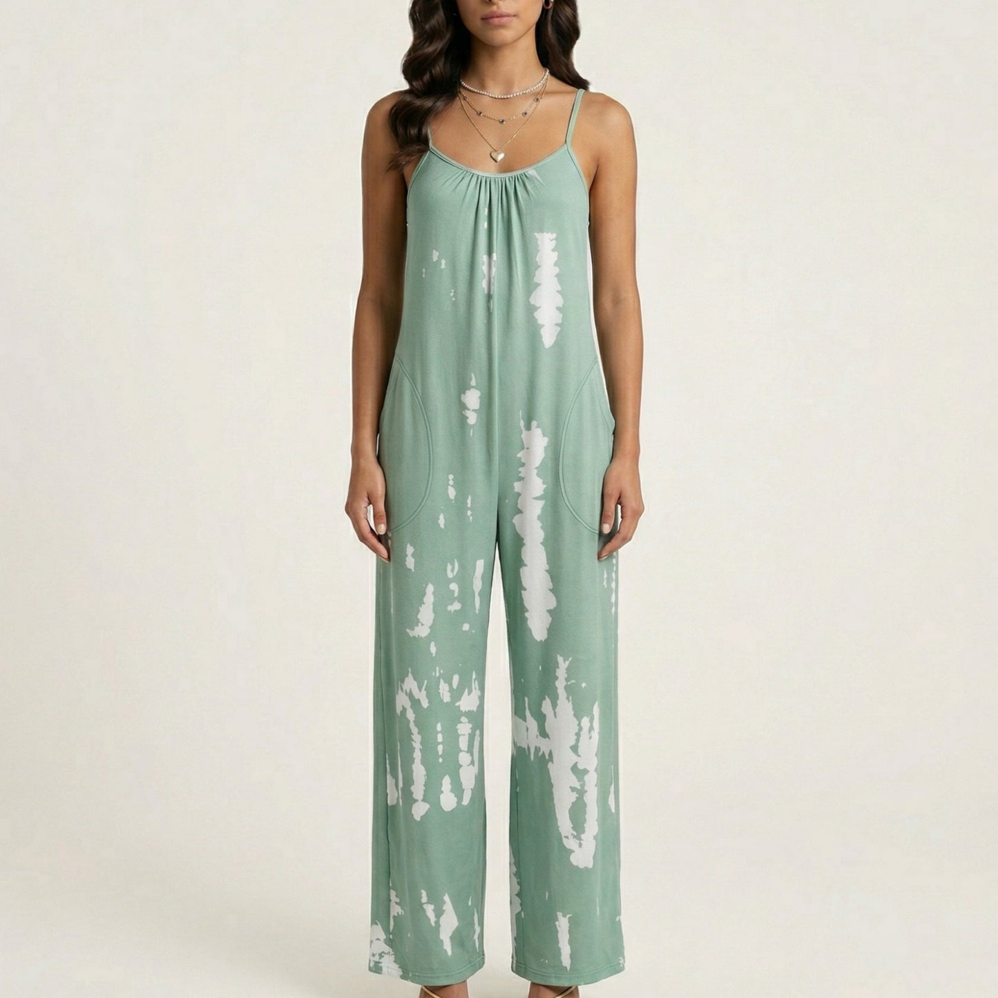 Sleeveless Tie Dye Wide Leg Jumpsuit with Spaghetti Straps Side Pockets Relaxed Fit