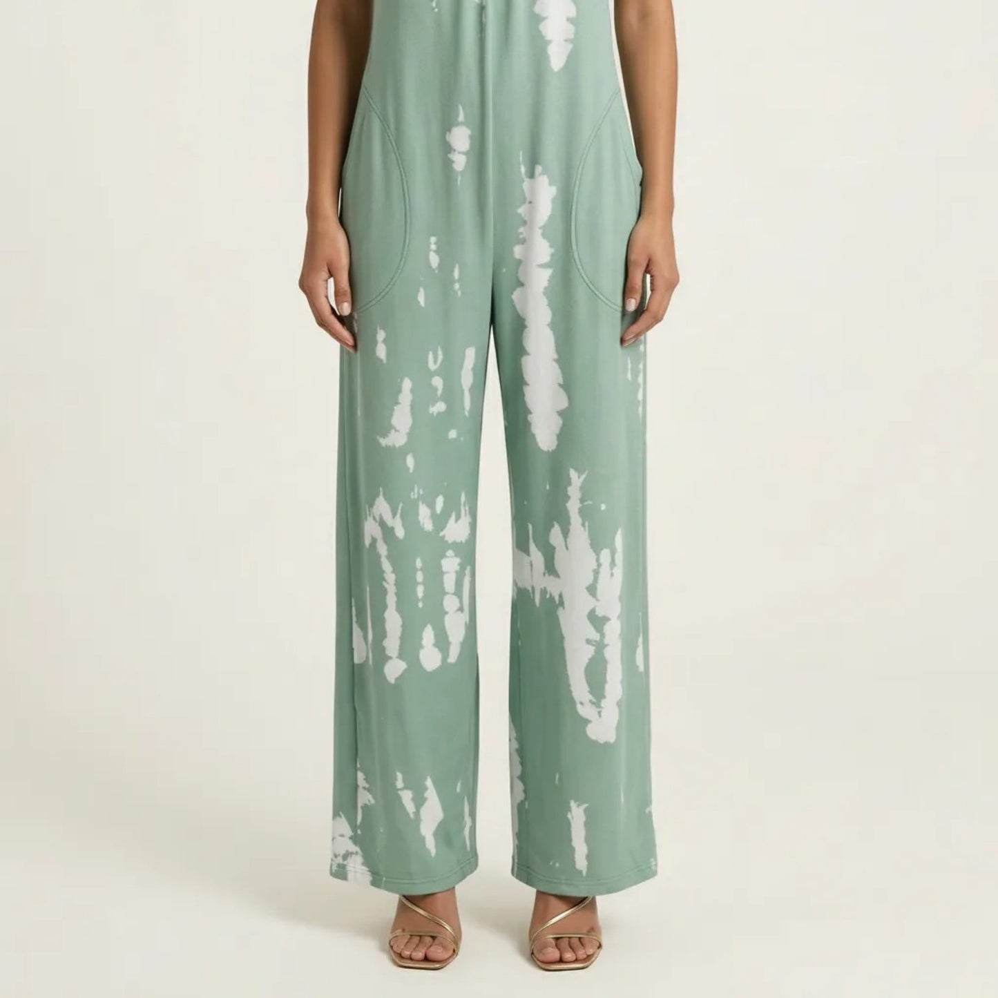 Sleeveless Tie Dye Wide Leg Jumpsuit with Spaghetti Straps Side Pockets Relaxed Fit