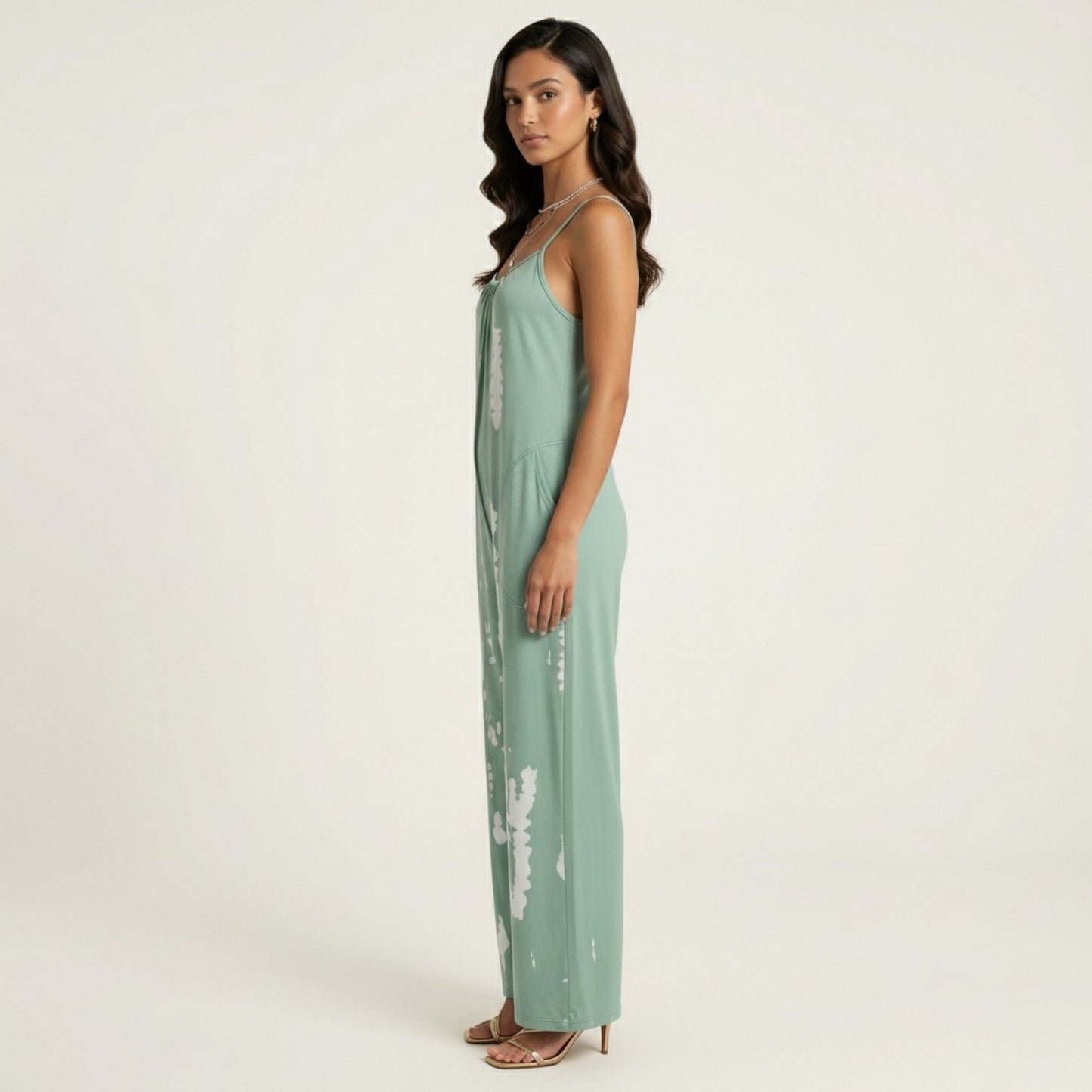 Sleeveless Tie Dye Wide Leg Jumpsuit with Spaghetti Straps Side Pockets Relaxed Fit