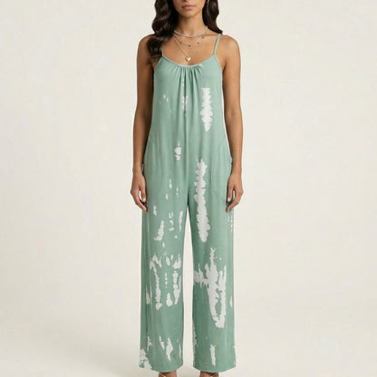 Sleeveless Tie Dye Wide Leg Jumpsuit with Spaghetti Straps Side Pockets Relaxed Fit
