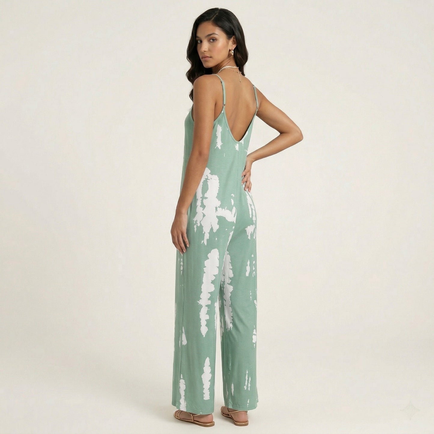 Sleeveless Tie Dye Wide Leg Jumpsuit with Spaghetti Straps Side Pockets Relaxed Fit