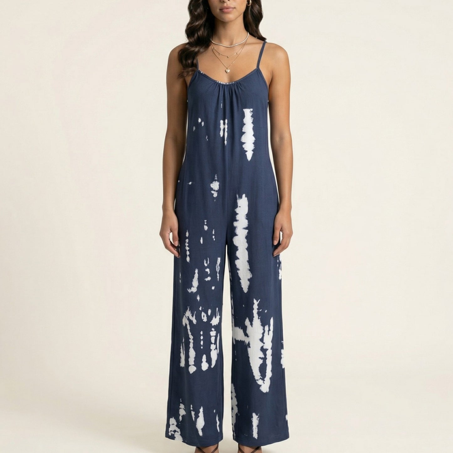 Sleeveless Tie Dye Wide Leg Jumpsuit with Spaghetti Straps Side Pockets Relaxed Fit