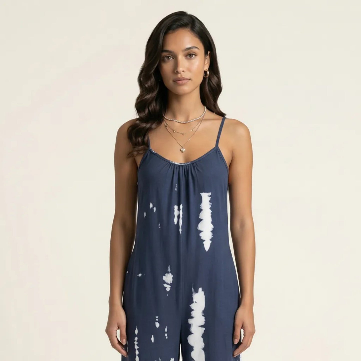 Sleeveless Tie Dye Wide Leg Jumpsuit with Spaghetti Straps Side Pockets Relaxed Fit