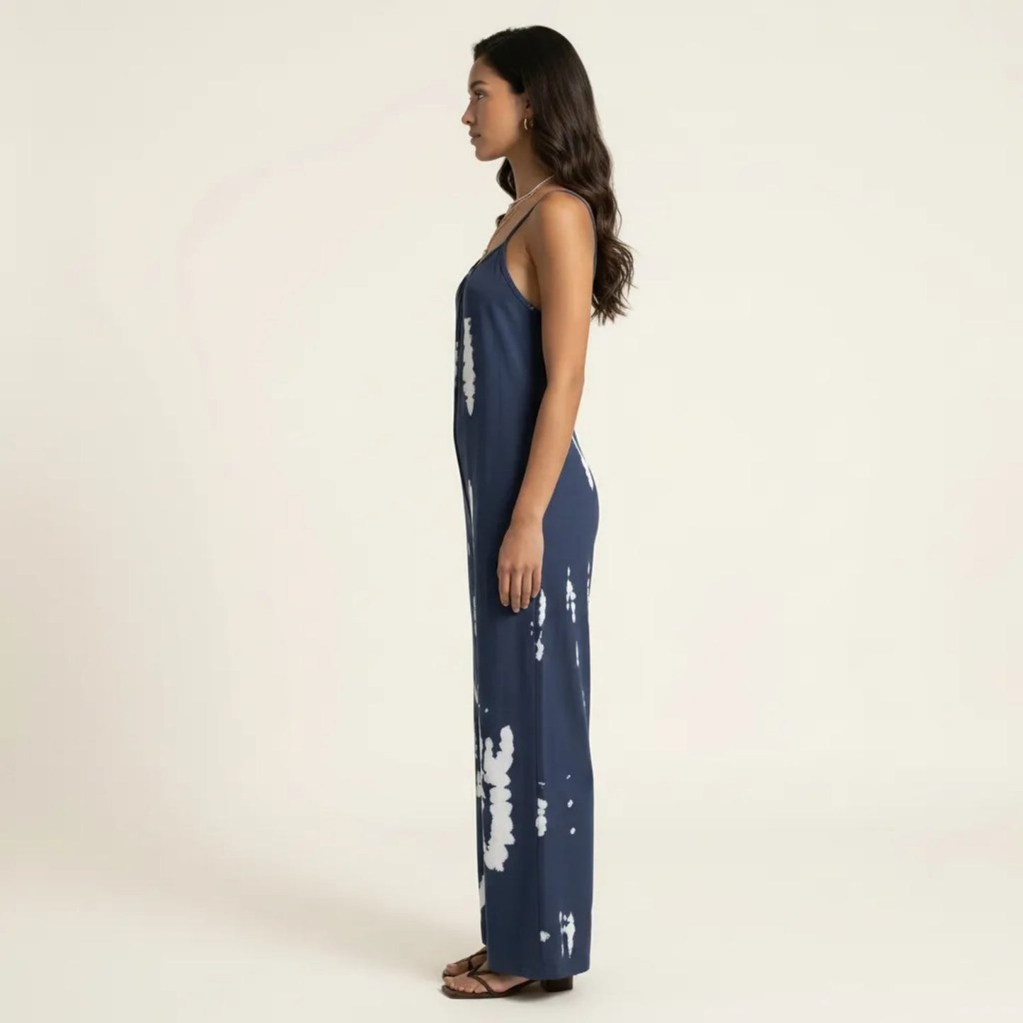 Sleeveless Tie Dye Wide Leg Jumpsuit with Spaghetti Straps Side Pockets Relaxed Fit