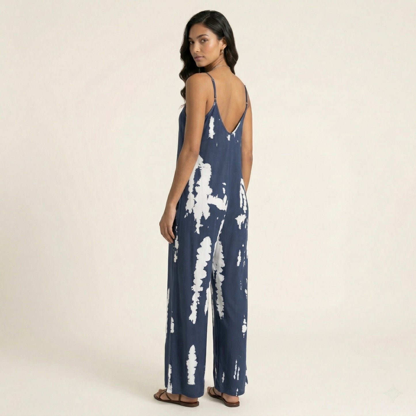 Sleeveless Tie Dye Wide Leg Jumpsuit with Spaghetti Straps Side Pockets Relaxed Fit