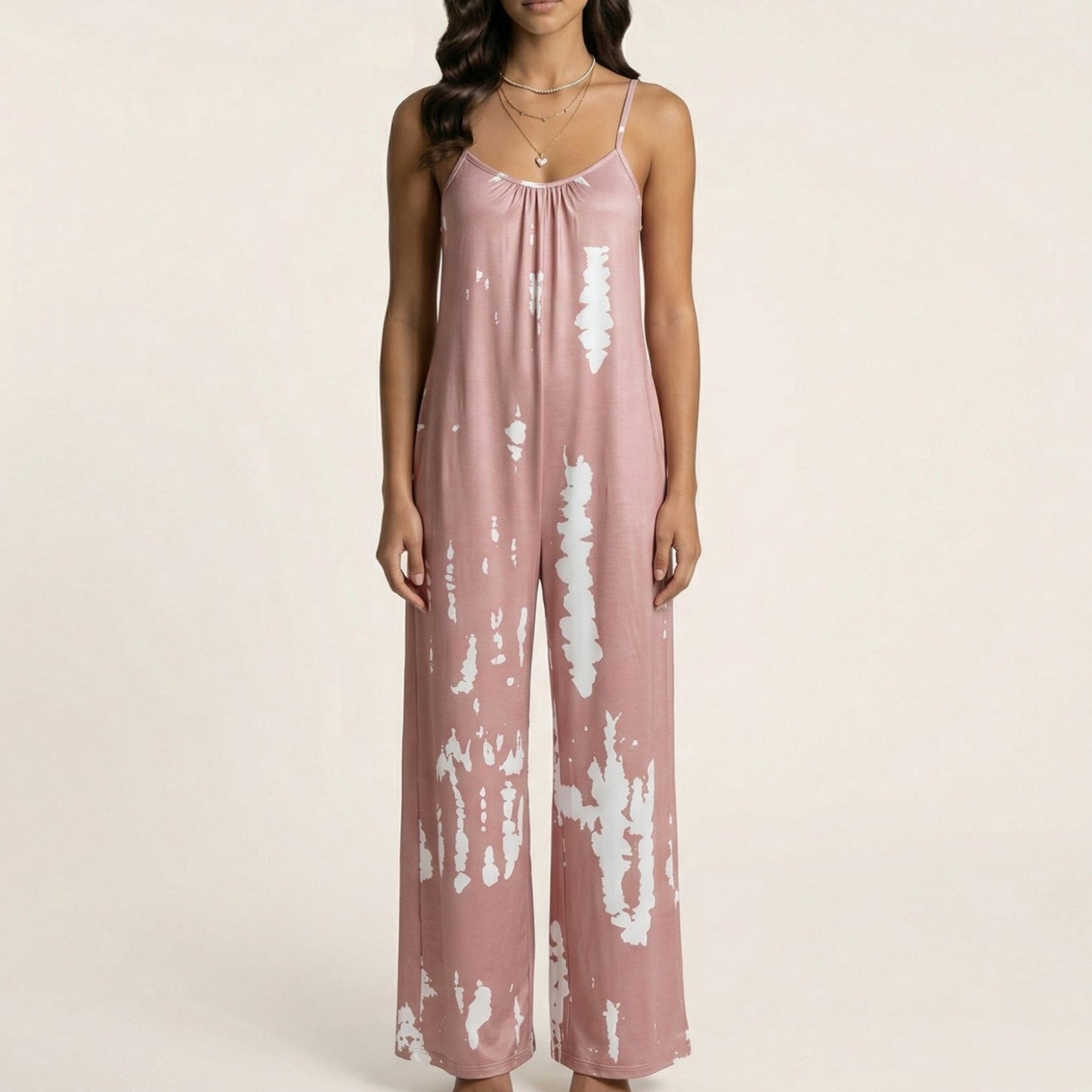 Sleeveless Tie Dye Wide Leg Jumpsuit with Spaghetti Straps Side Pockets Relaxed Fit