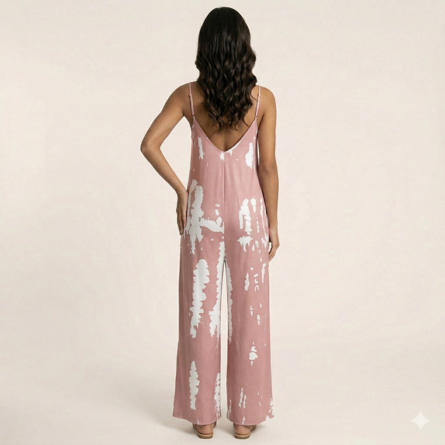 Sleeveless Tie Dye Wide Leg Jumpsuit with Spaghetti Straps Side Pockets Relaxed Fit