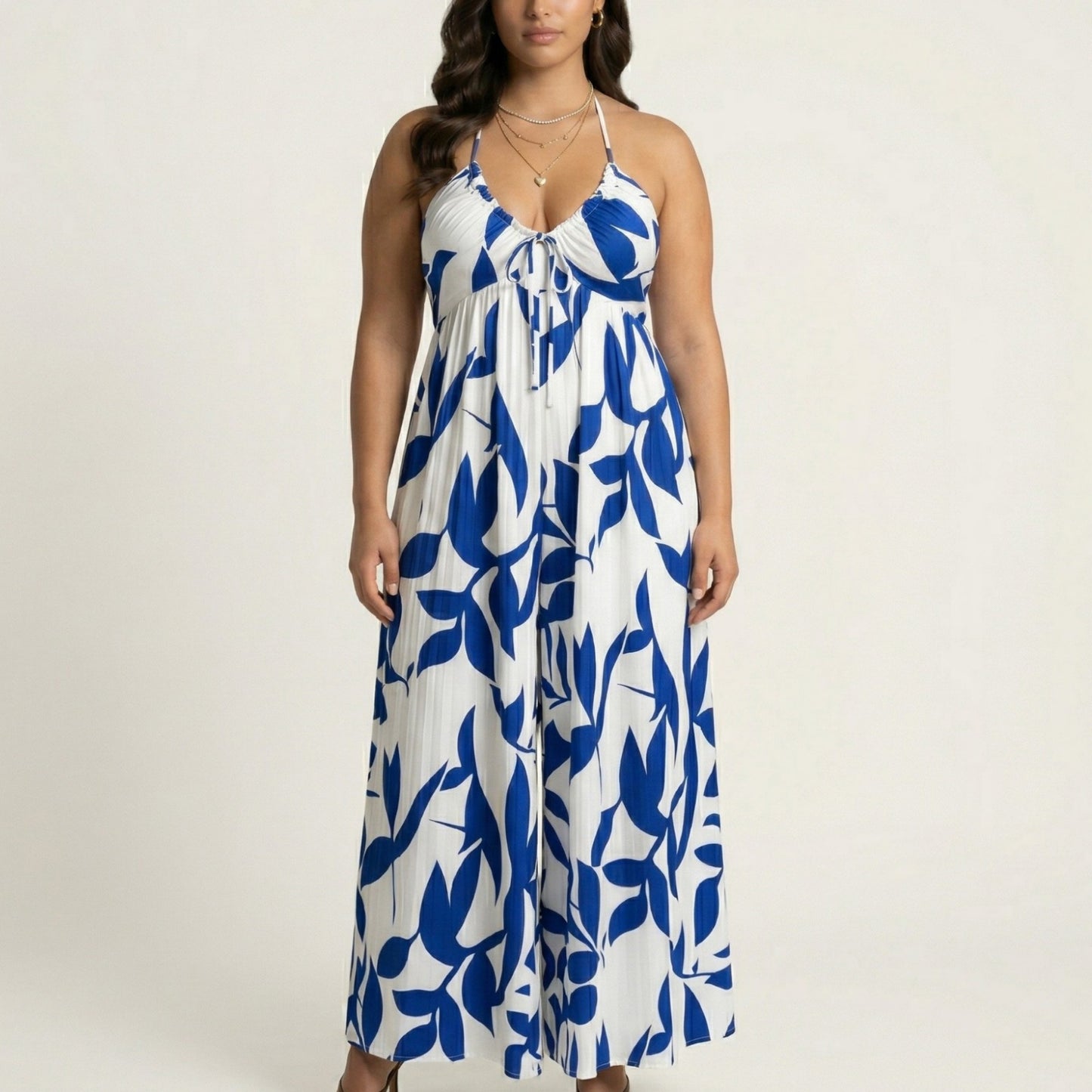 Sleeveless Printed Wide Leg Jumpsuit with Halter Neck Tie Front Detail Flowy Relaxed Fit