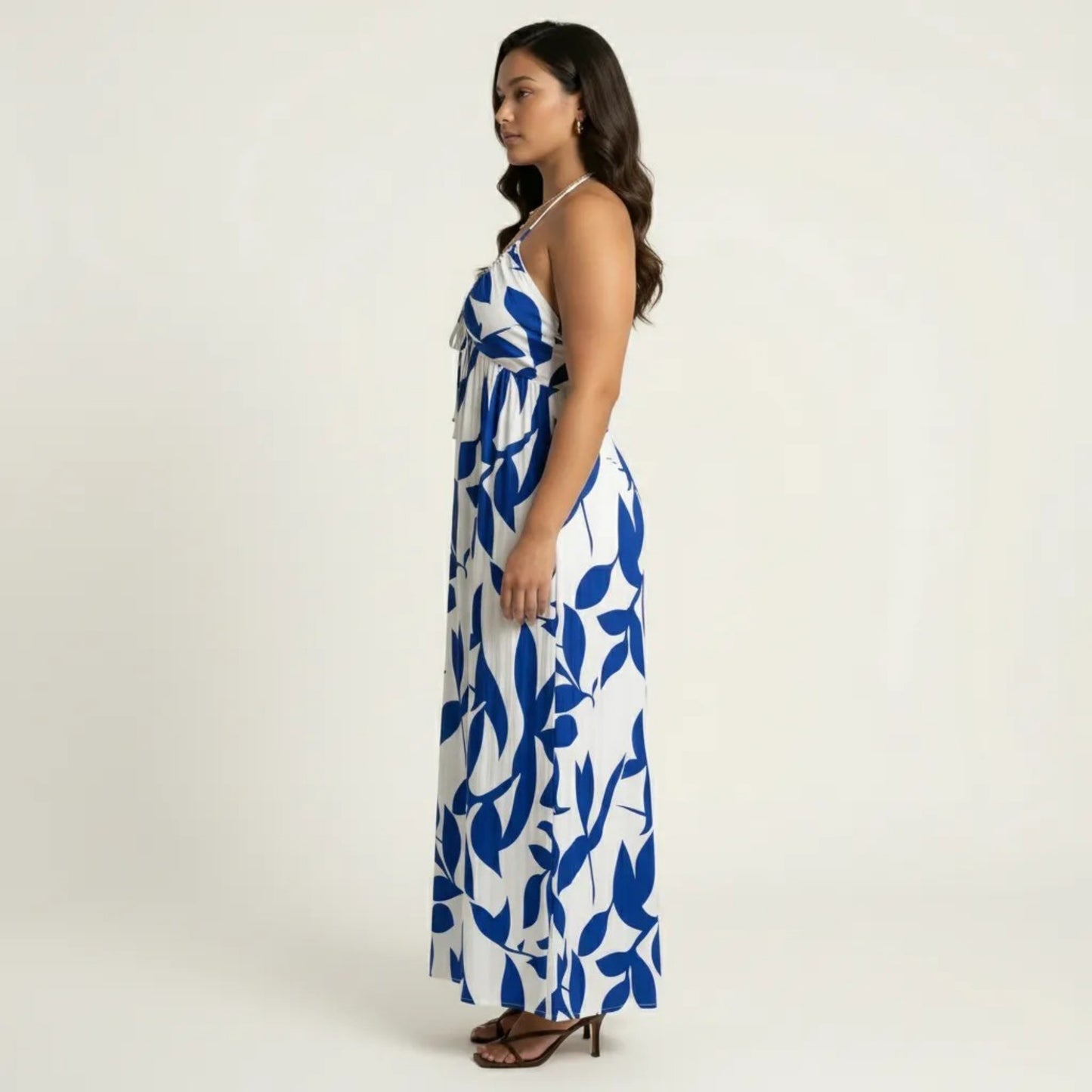 Sleeveless Printed Wide Leg Jumpsuit with Halter Neck Tie Front Detail Flowy Relaxed Fit