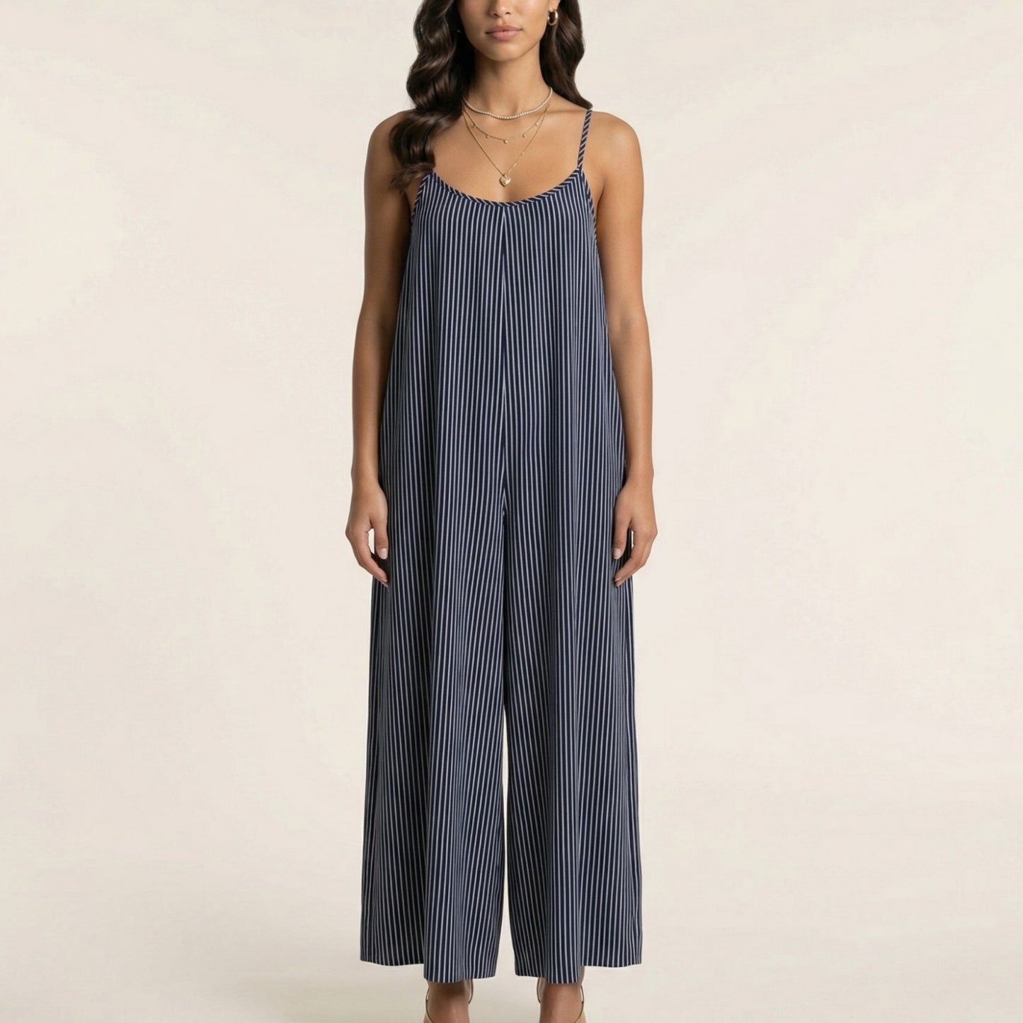 Sleeveless Striped Wide Leg Jumpsuit with Spaghetti Straps Loose Fit Flowy One Piece
