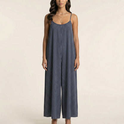 Sleeveless Striped Wide Leg Jumpsuit with Spaghetti Straps Loose Fit Flowy One Piece
