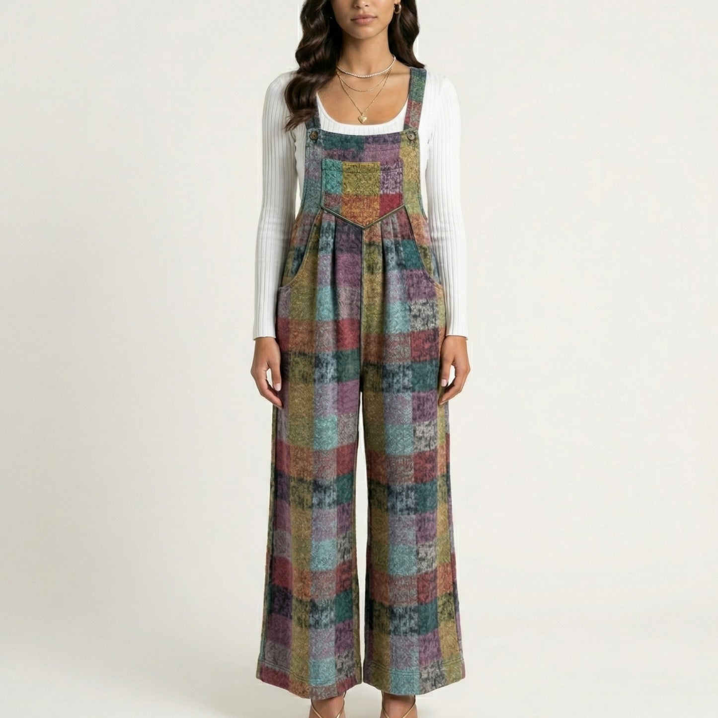 Plaid Wide Leg Overalls Jumpsuit with Adjustable Shoulder Straps Front Pocket Relaxed Fit