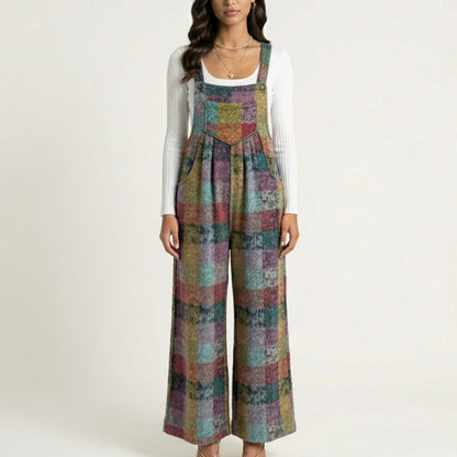 Plaid Wide Leg Overalls Jumpsuit with Adjustable Shoulder Straps Front Pocket Relaxed Fit