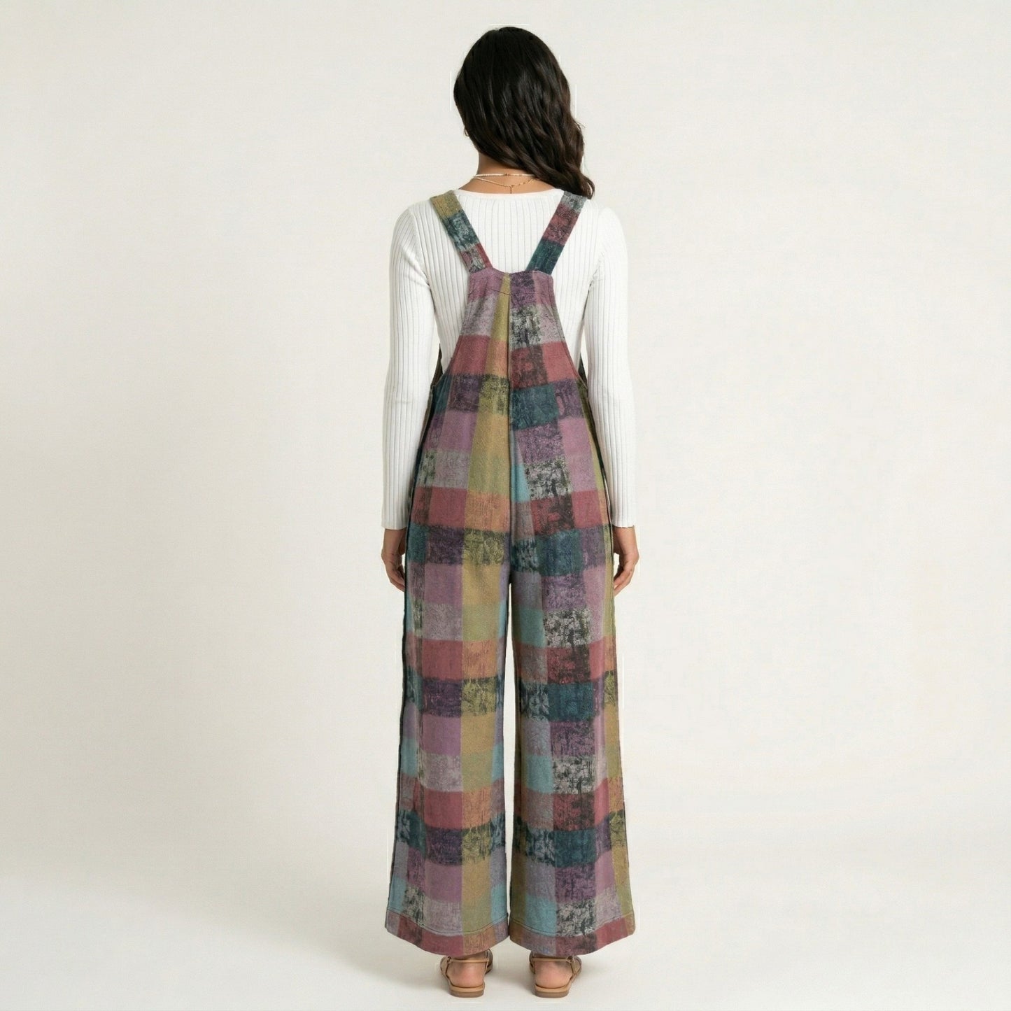 Plaid Wide Leg Overalls Jumpsuit with Adjustable Shoulder Straps Front Pocket Relaxed Fit