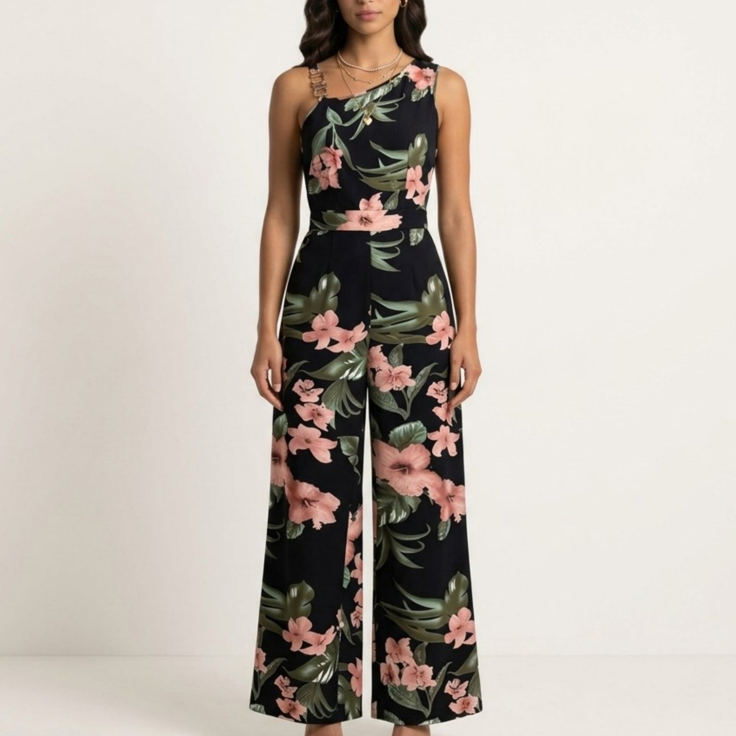 Sleeveless Floral Wide Leg Jumpsuit with Asymmetrical Neckline Adjustable Strap Relaxed Fit