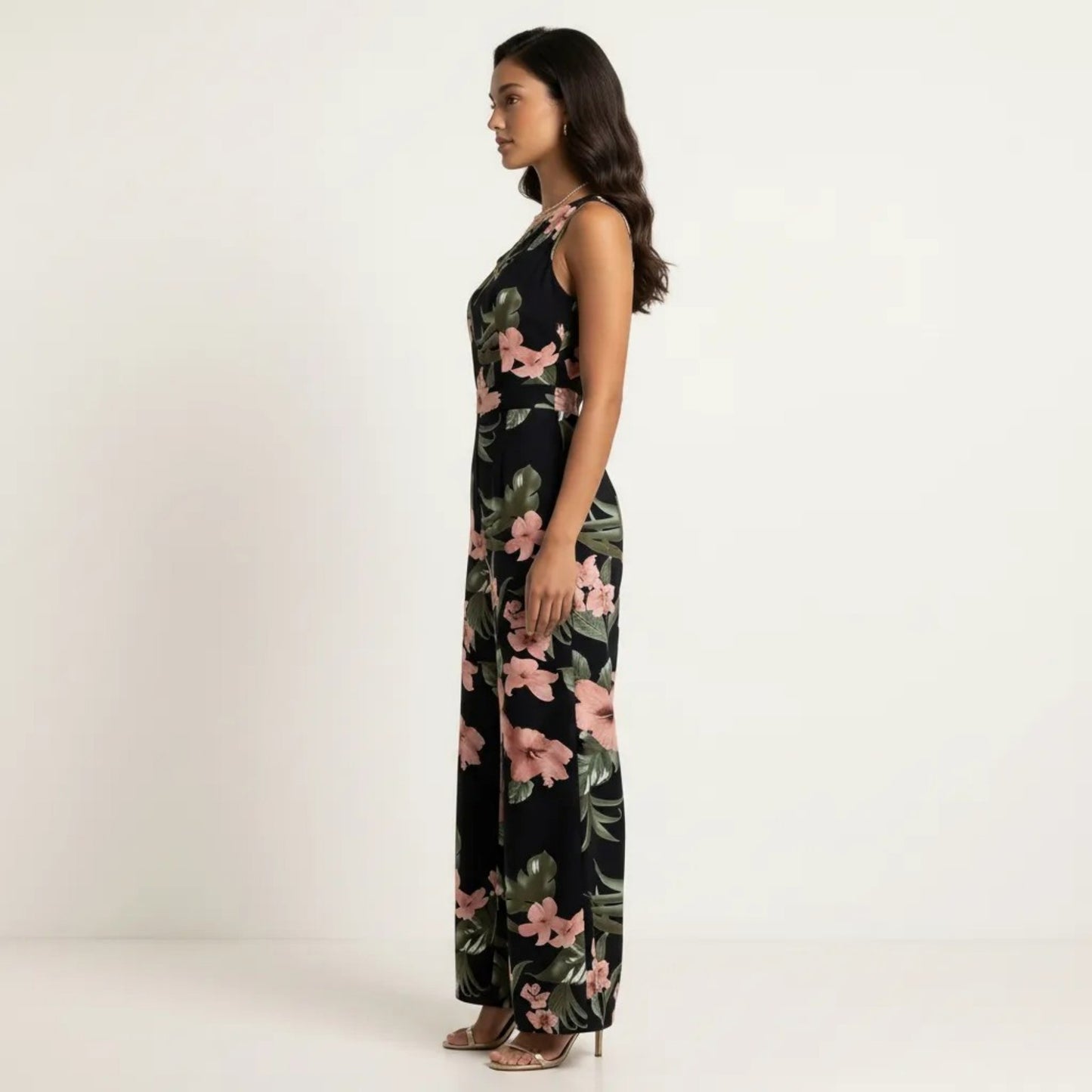 Sleeveless Floral Wide Leg Jumpsuit with Asymmetrical Neckline Adjustable Strap Relaxed Fit