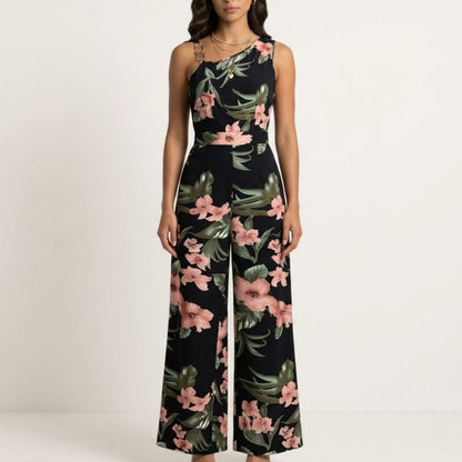 Sleeveless Floral Wide Leg Jumpsuit with Asymmetrical Neckline Adjustable Strap Relaxed Fit