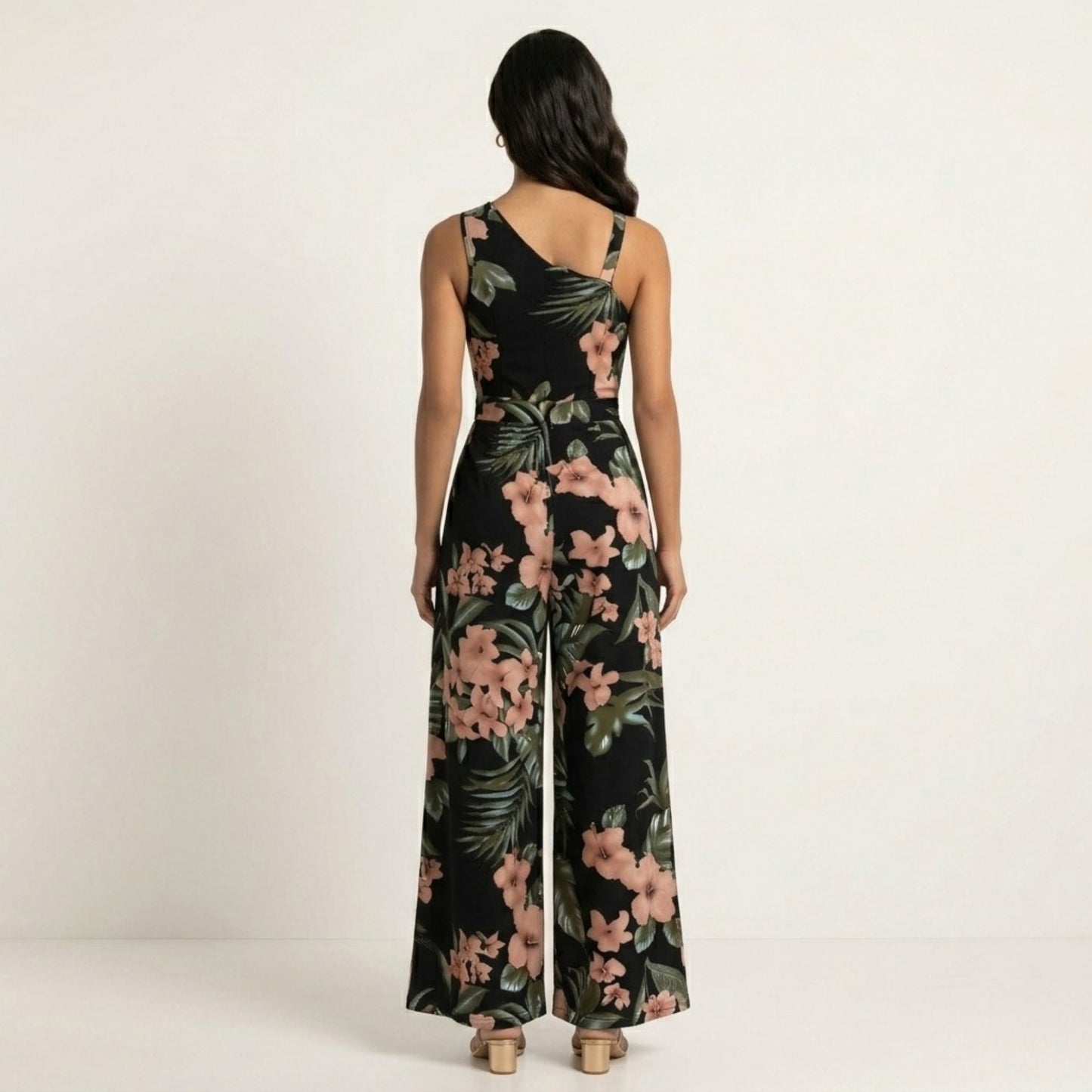 Sleeveless Floral Wide Leg Jumpsuit with Asymmetrical Neckline Adjustable Strap Relaxed Fit